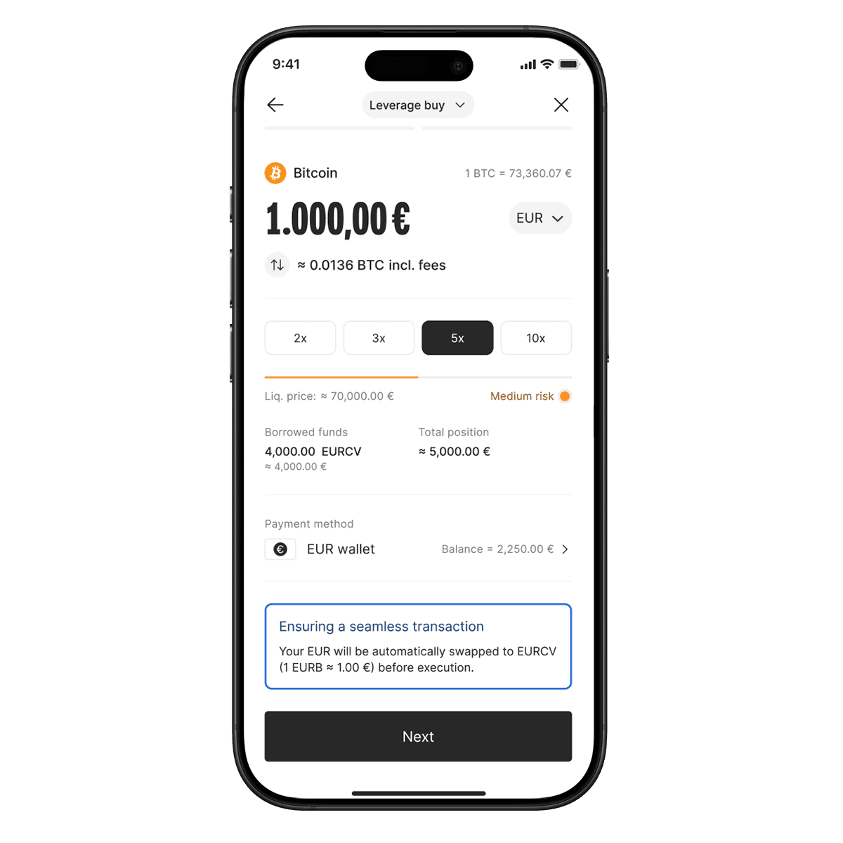 Smartphone screen showing a Bitcoin trading app interface with options for leverage, payment method, and transaction details in euros.