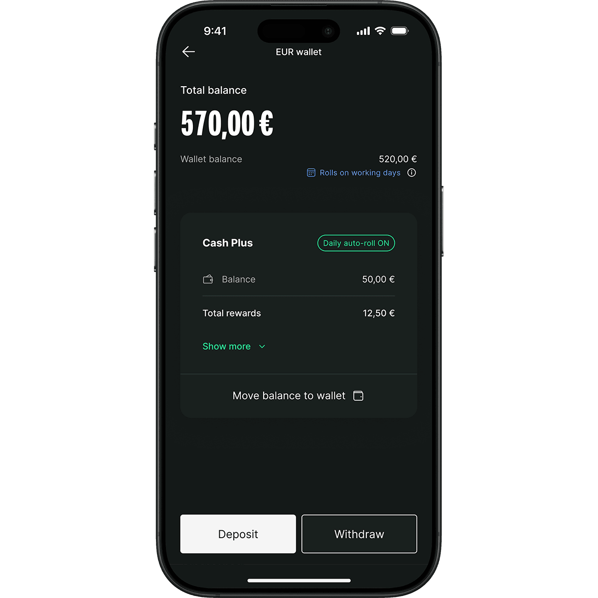 Smartphone screen showing a financial app with a total balance of 570 euros. Options include deposit, withdraw, and Cash Plus details.