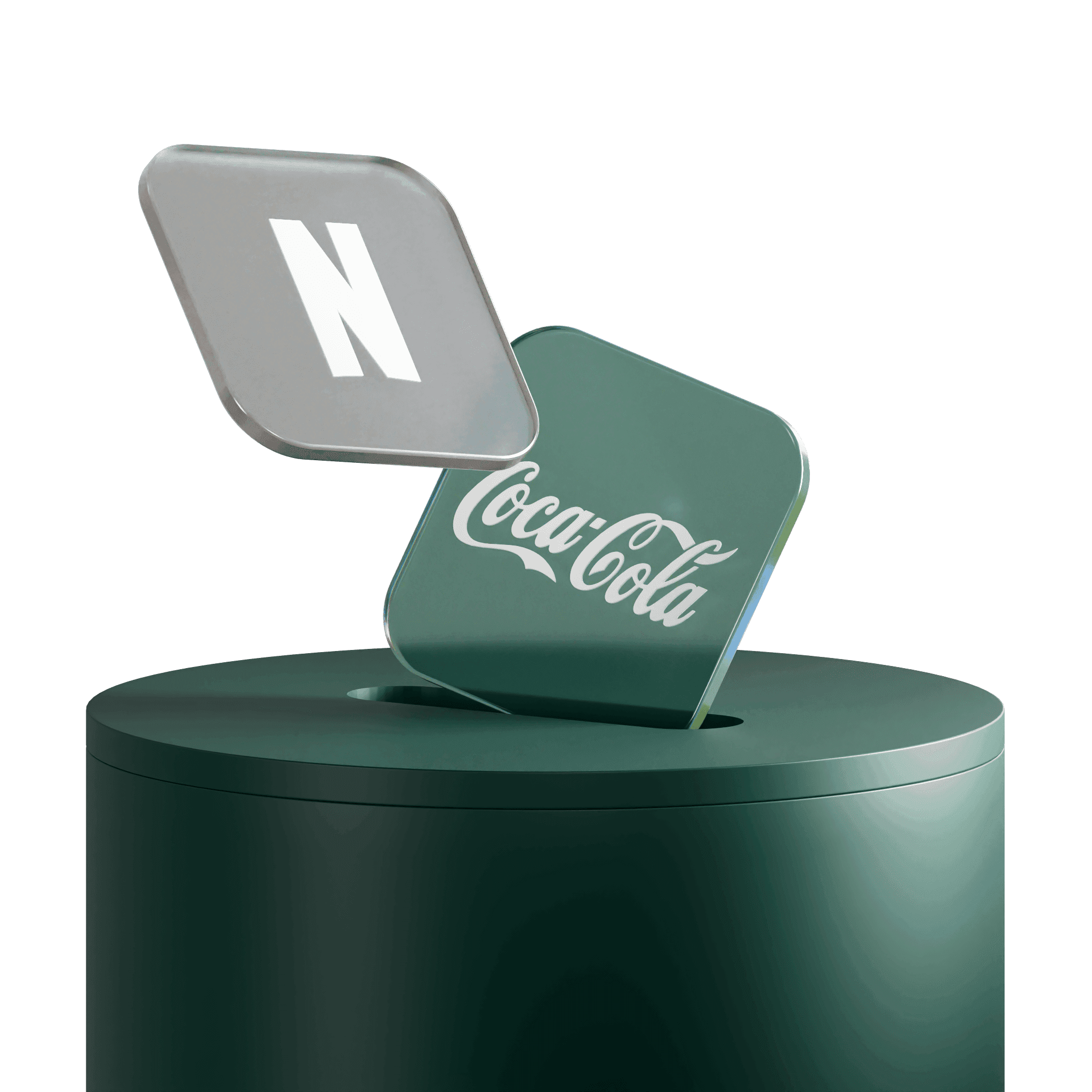 Two translucent tiles with Netflix-like “N” and Coca-Cola logos hover above a dark green cylindrical podium.