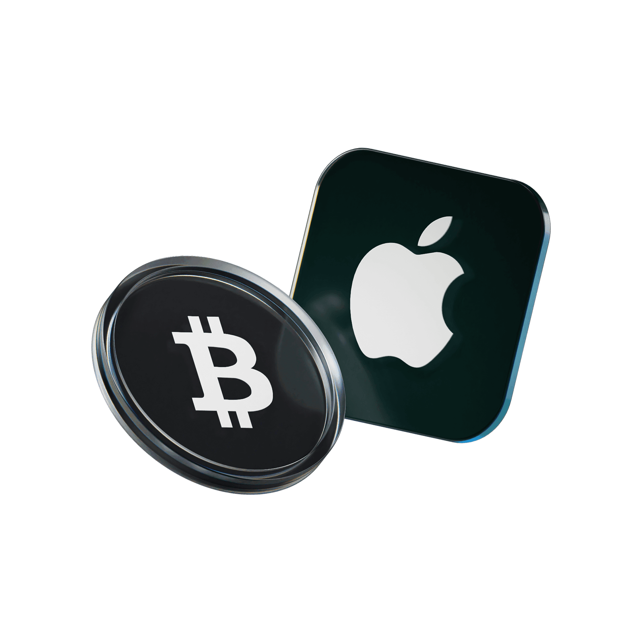 3D icons of a Bitcoin symbol coin and an Apple logo side by side on a green background