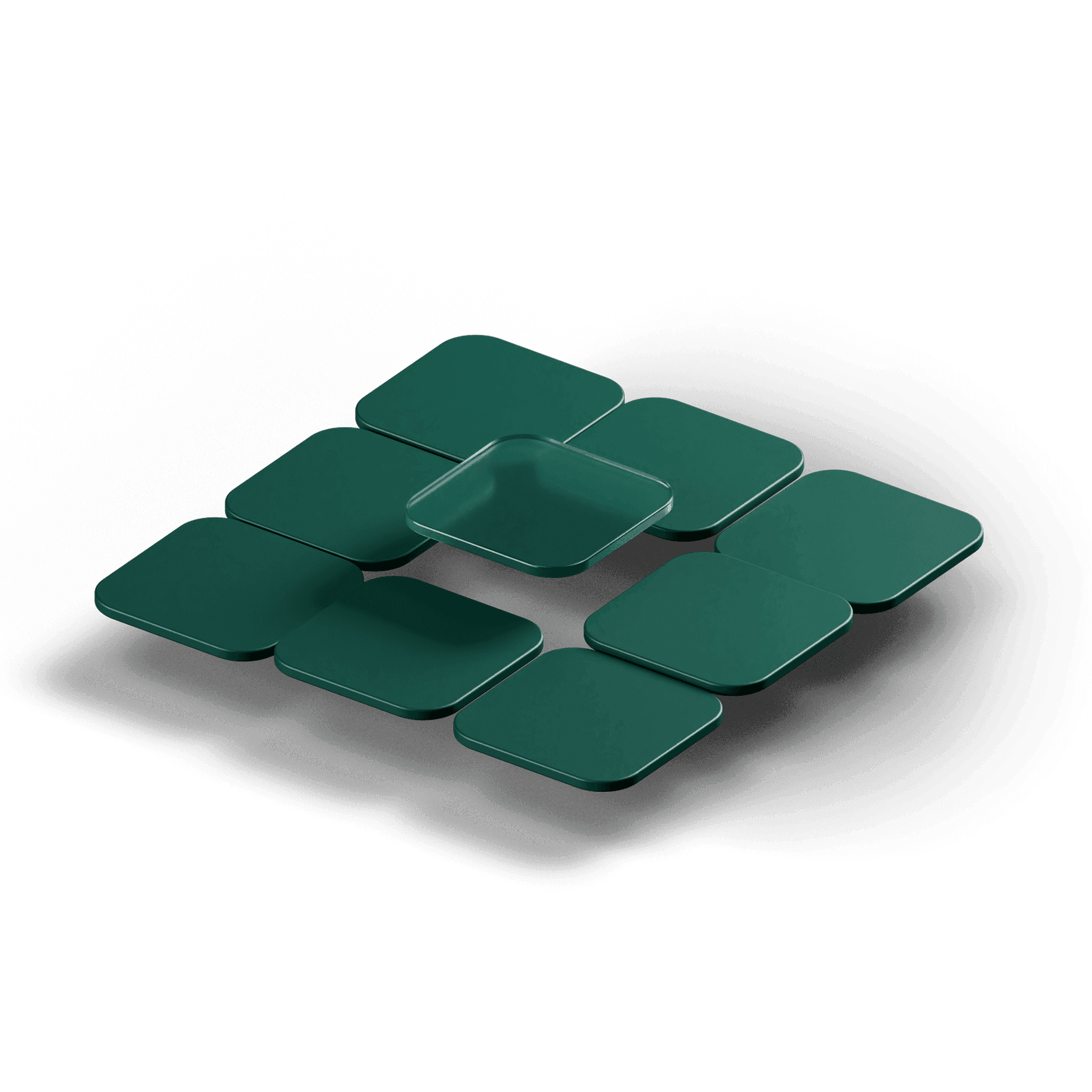 Abstract 3D render of dark green rounded tiles in a grid, with the central tile slightly raised and highlighted.