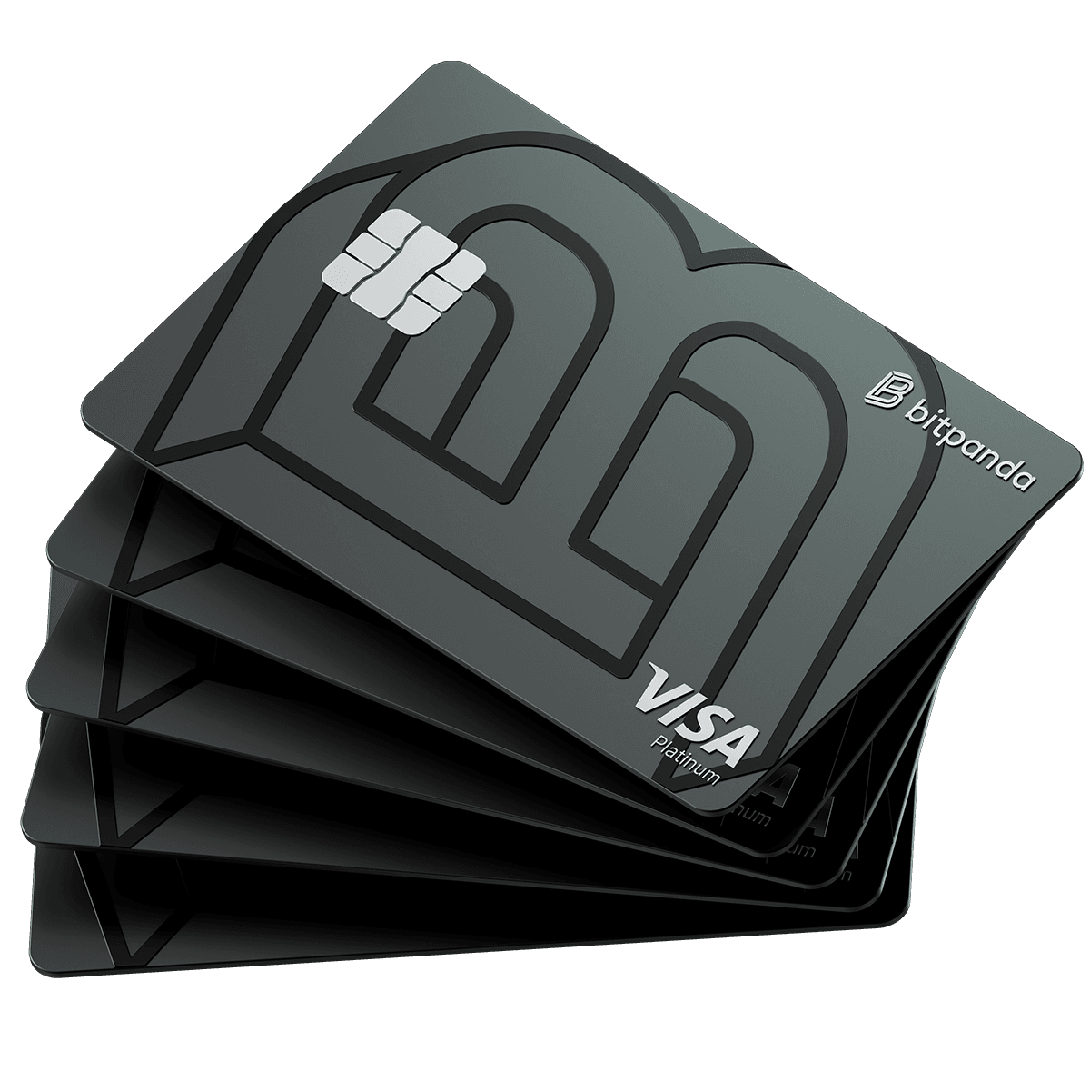 A stack of sleek, black Bitpanda Visa Platinum cards with a modern design, featuring the Visa logo and contactless symbol.