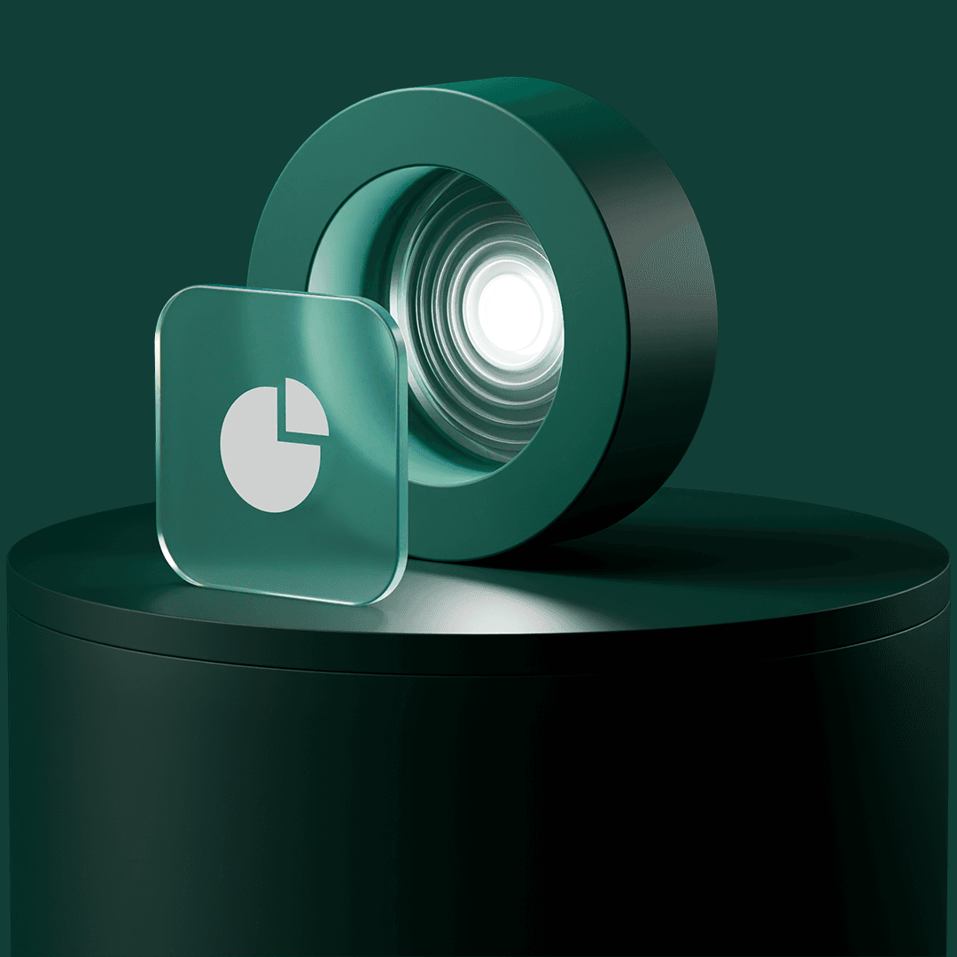 Minimalist green 3D scene with a glowing circular light and a glass square icon showing a white pie chart on a round pedestal.
