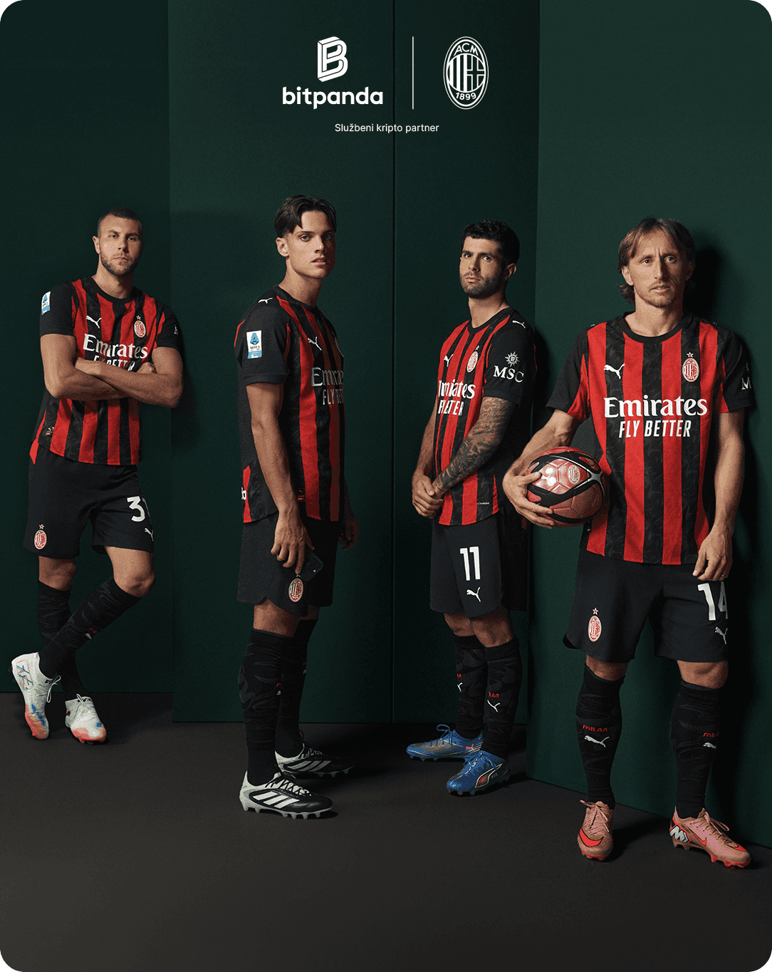 Four soccer players in AC Milan jerseys stand confidently against a dark green background, with Bitpanda and AC Milan logos above.
