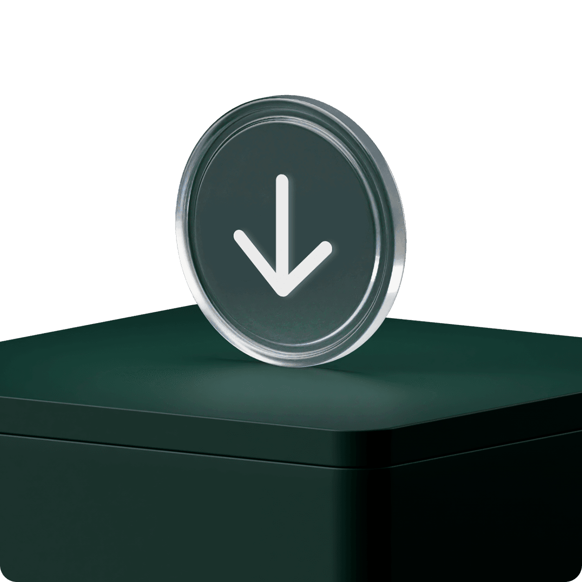A glass-like button with a white downward arrow symbol, floating above a dark green surface.