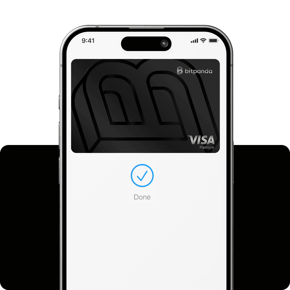 Smartphone displaying a Bitpanda Visa Platinum card with a "Done" checkmark below, indicating successful setup or transaction.