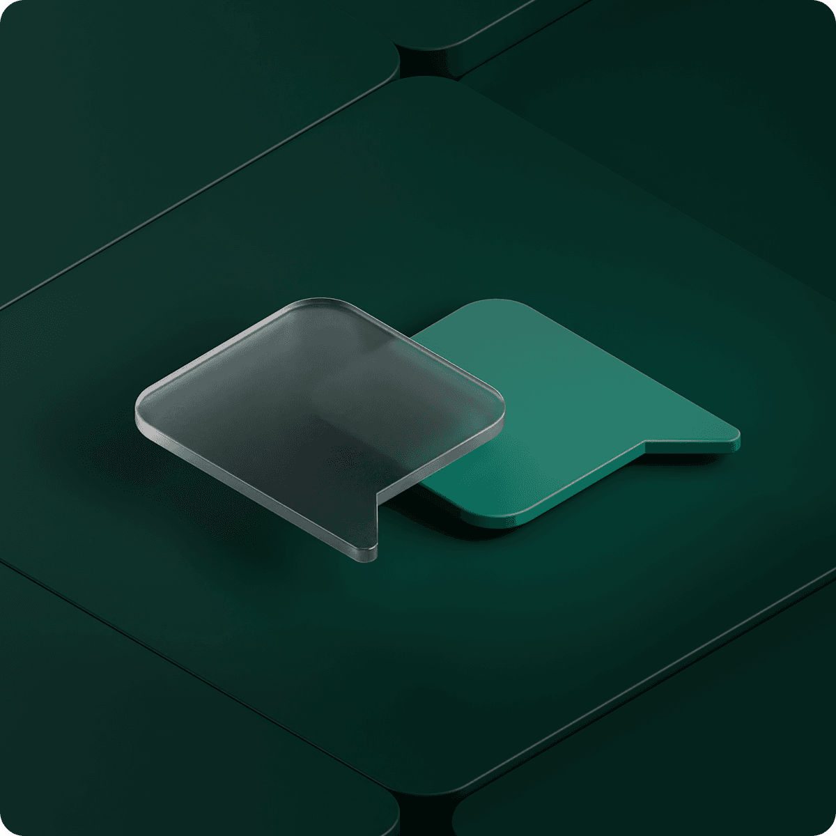 Two overlapping speech bubble icons, one transparent and one green, on a dark green background with a geometric pattern.