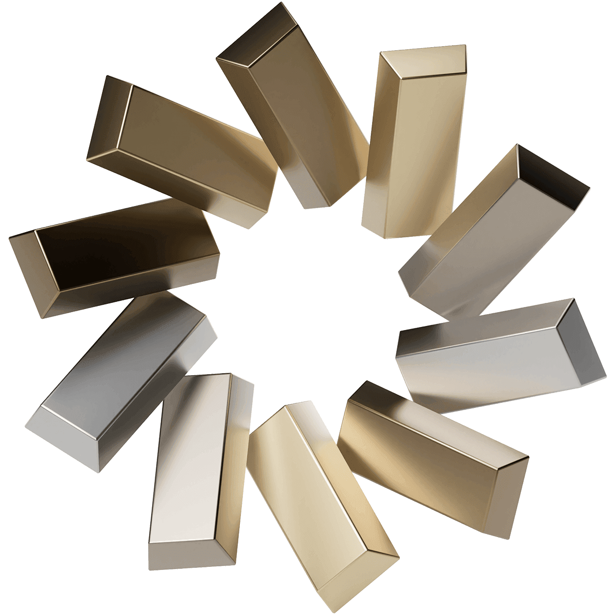 A circular arrangement of gold and silver rectangular bars standing upright on a reflective surface.