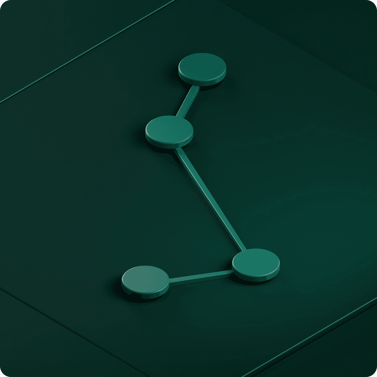 A minimalist design featuring four connected green circles on a dark green background, forming a geometric shape.