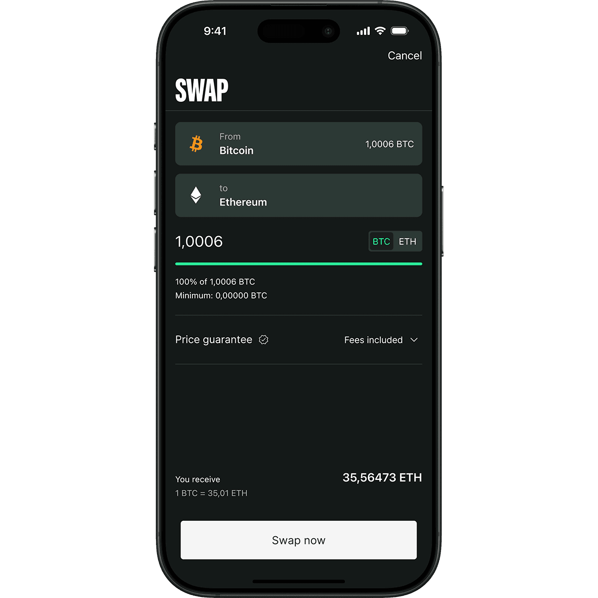 Smartphone screen displaying a cryptocurrency swap interface, showing 1.0006 BTC to Ethereum exchange with price guarantee and fees included.