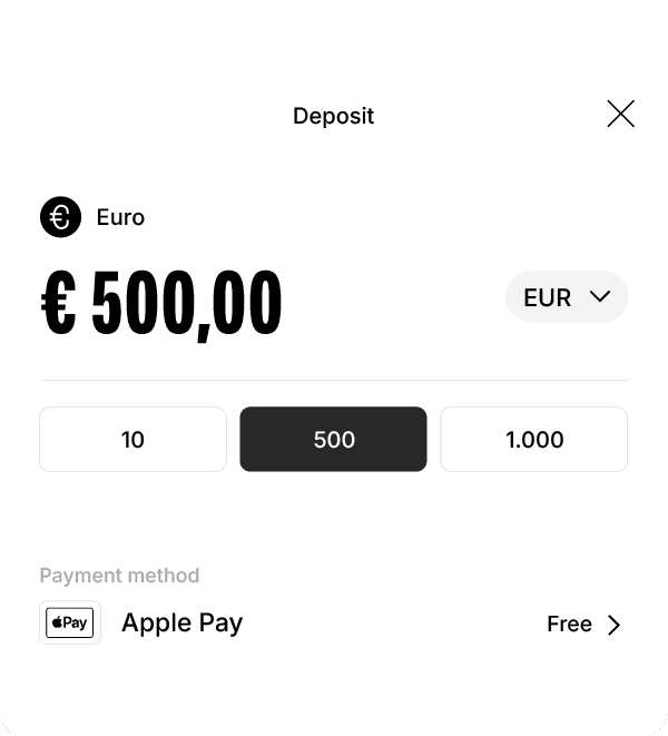 Mobile deposit screen showing €500 selected in EUR and Apple Pay chosen as the free payment method.