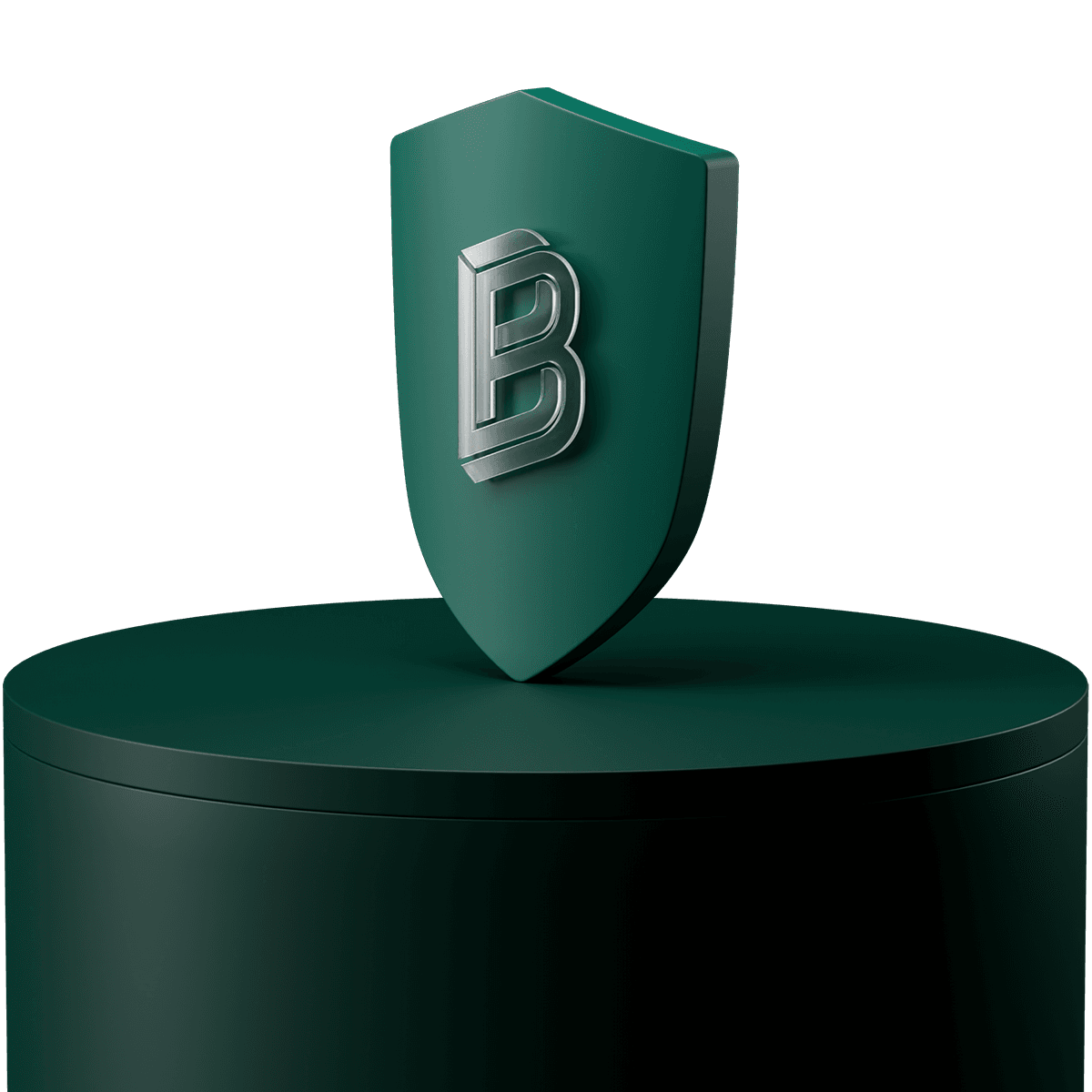 Green shield with a silver letter "B" on a matching cylindrical pedestal, set against a dark background.
