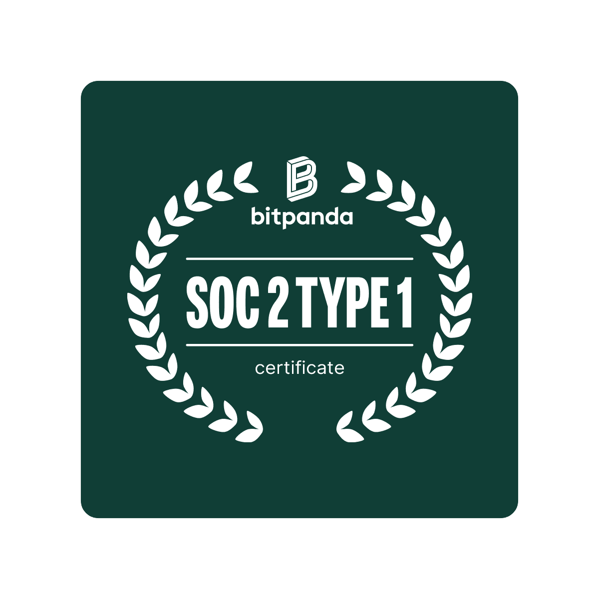 Bitpanda SOC 2 Type 1 certificate logo with a laurel wreath design on a dark green background.