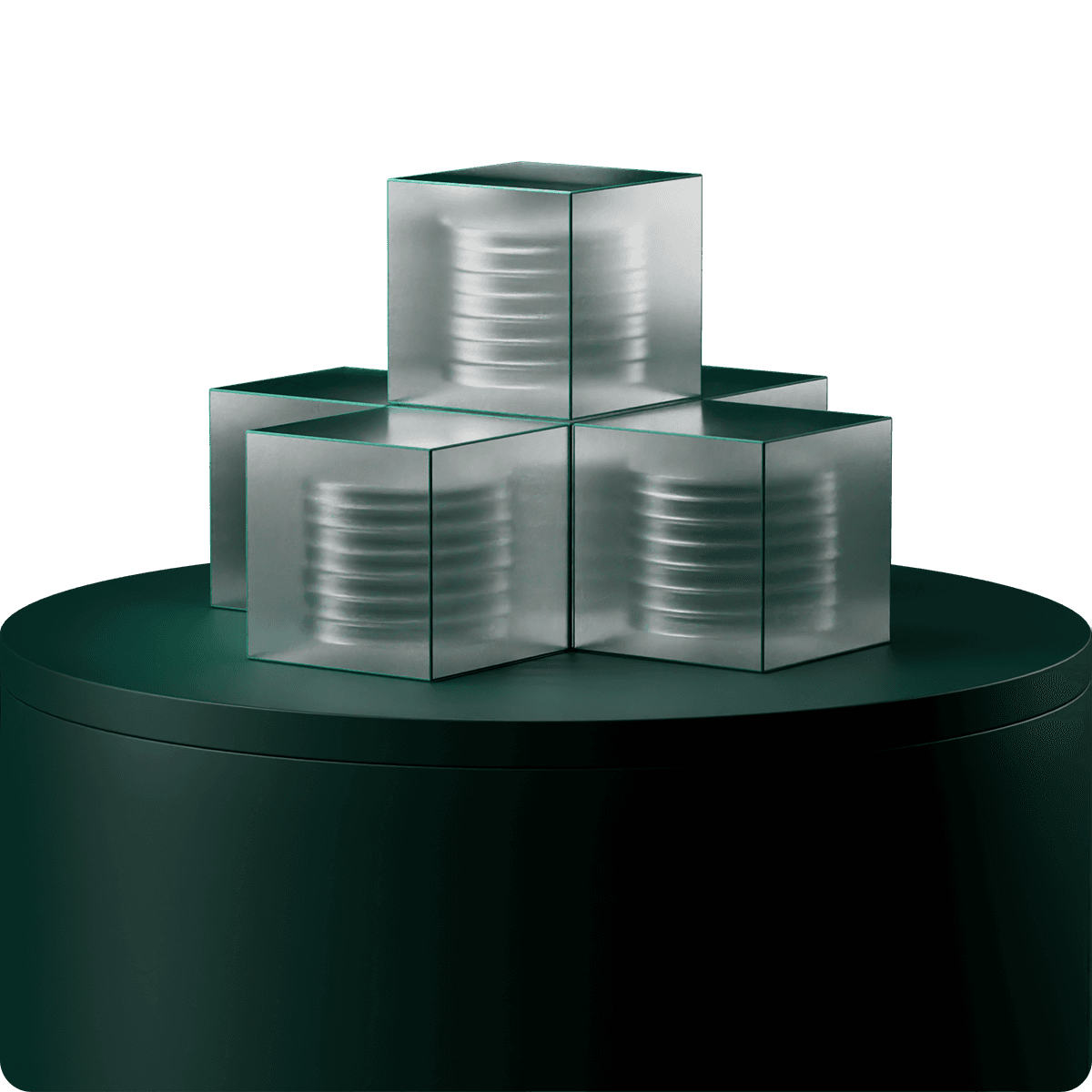 Transparent cubes stacked on a dark circular platform, each containing metallic discs, against a black background.
