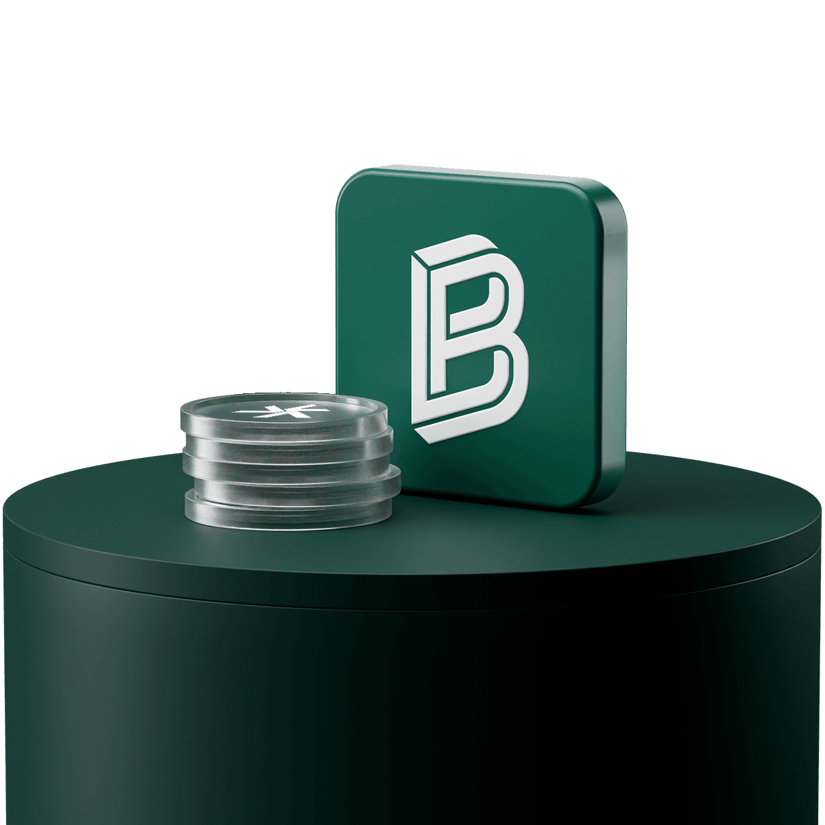 Coins with Vision logo and Bitpanda logo on green step