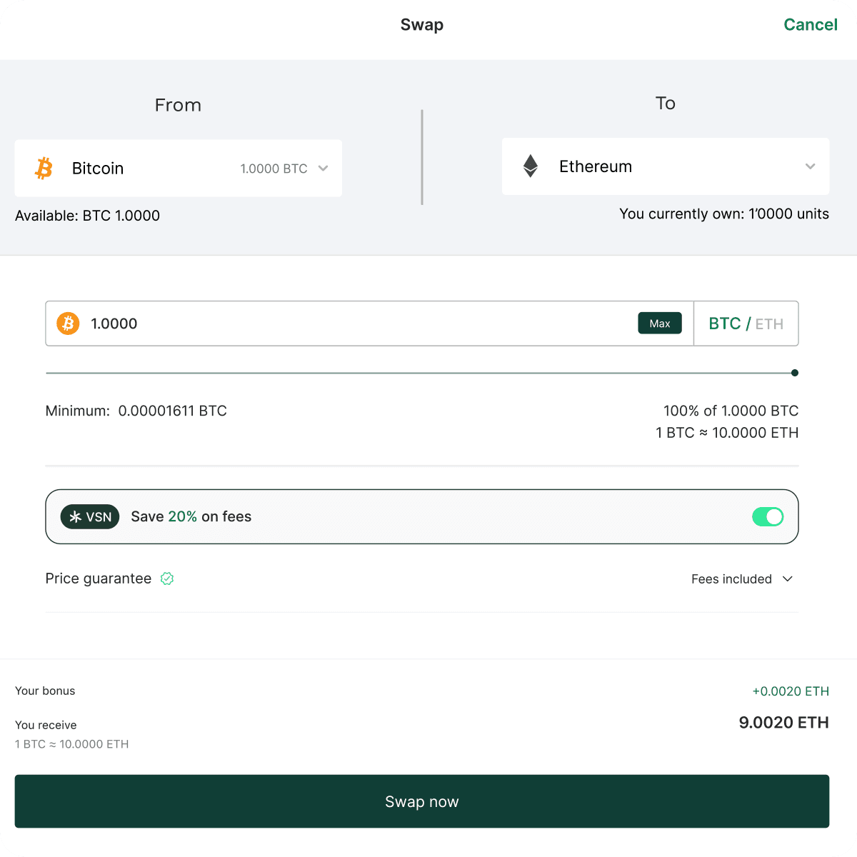 Cryptocurrency swap interface showing conversion from 1 Bitcoin to Ethereum, with details on exchange rate, fees, and bonus.