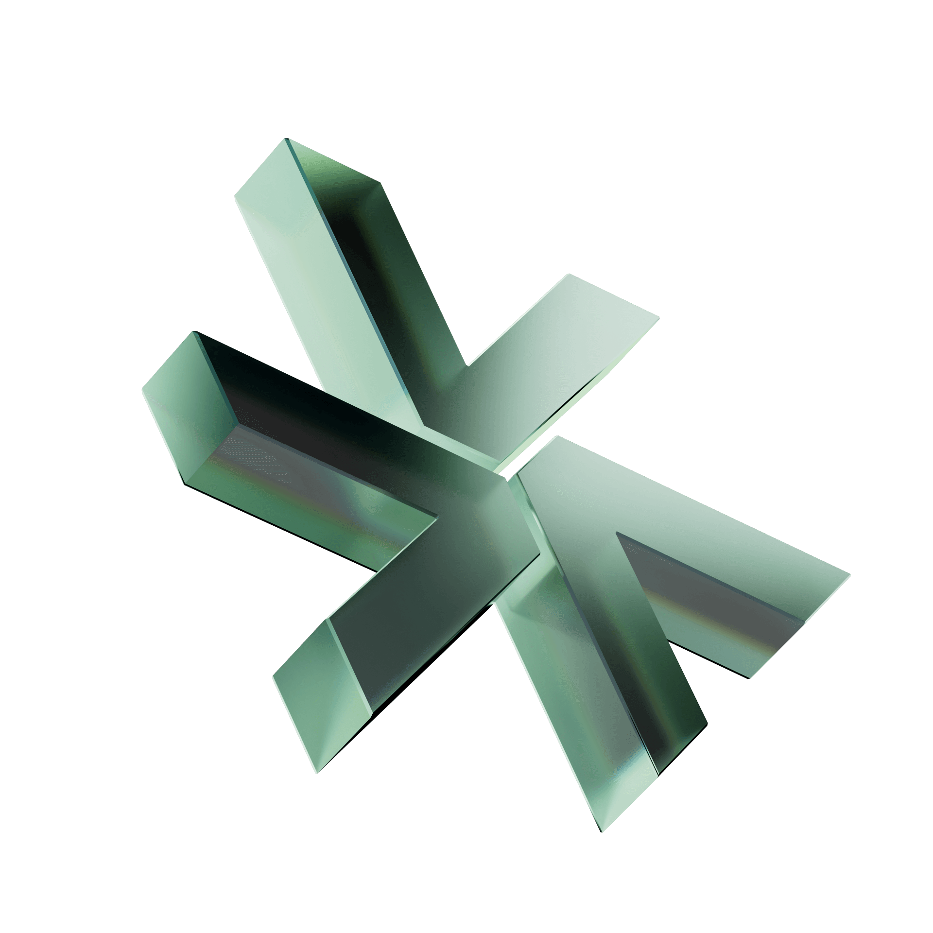 A 3D abstract geometric shape with intersecting green and black arrow-like structures on a transparent background.